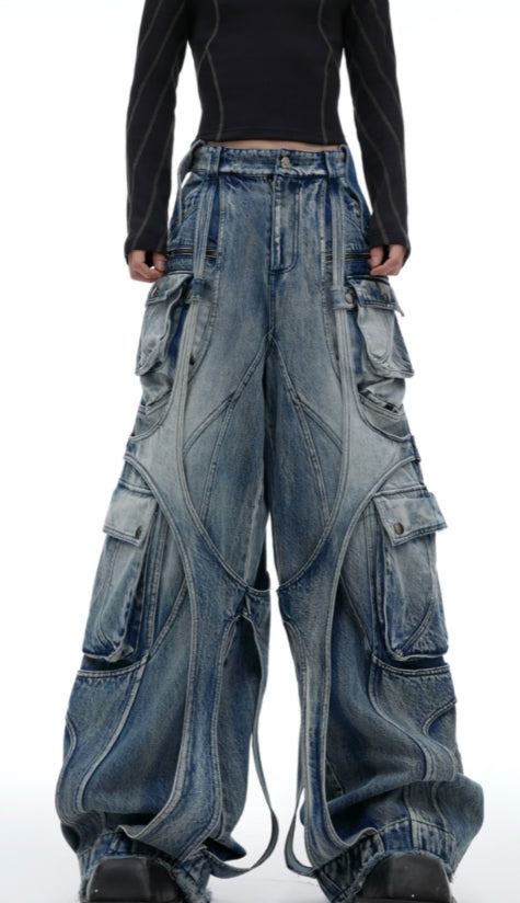 special-shaped engraved, heavy-duty washed wide-leg jeans, streamer-wrapped loose multi-pocket overalls