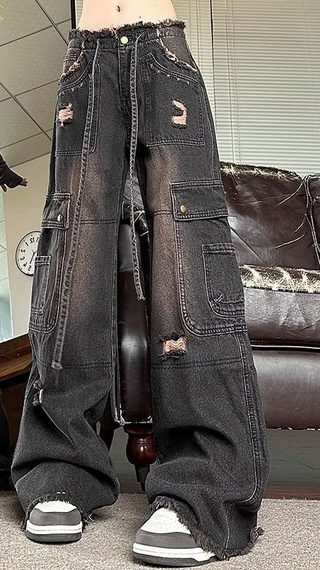 Rough edge denim overalls women's spring and autumn new American high street retro high waist straight casual wide leg mopping pants