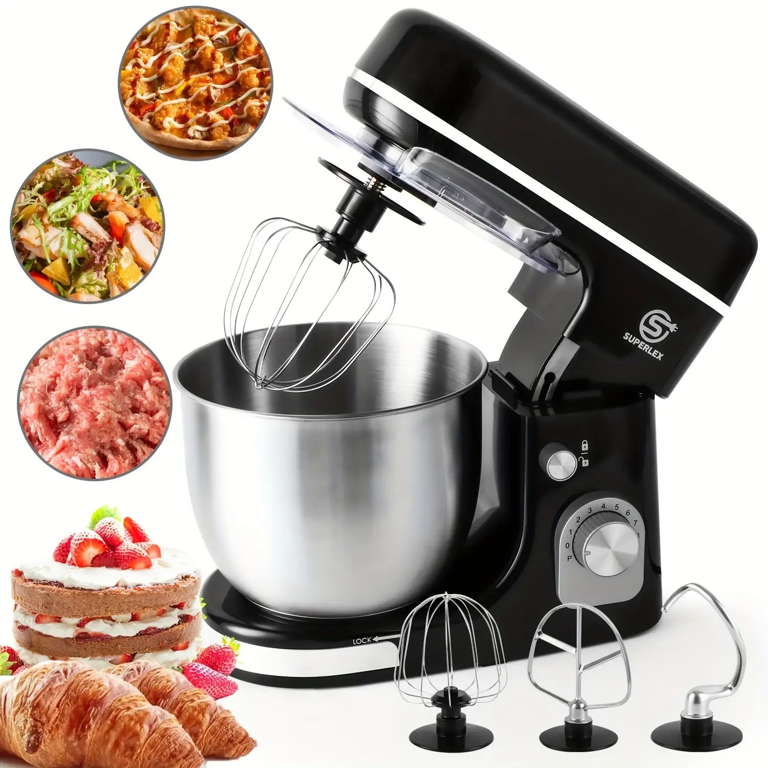 SUPERLEX 3-in-1 Standmixer 5L mit 8 Geschwindigkeiten, Küchenmaschine mit Pulsfunktion, Teighaken, Schneebesen und Rührbesen für Kuchen und Brot, 1300W [Energieklasse A+++