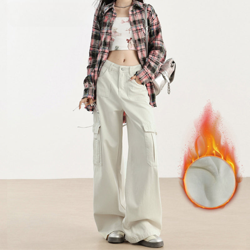 White American overalls women's velvet 2024 new vibe high-waisted autumn and winter small wide-leg pants