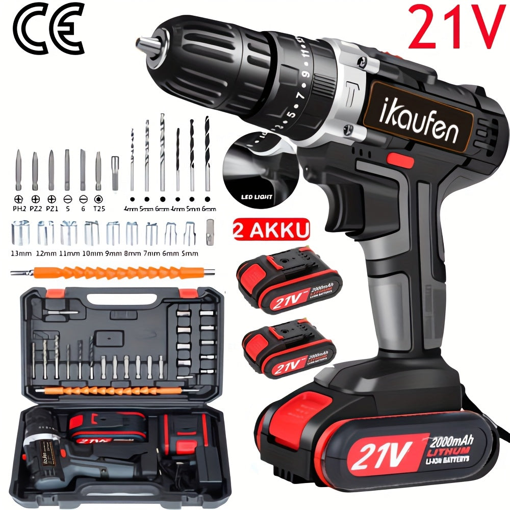 3-in-1 Schwarzer Impact-Bohrer mit 36V wiederaufladbarem Akku, Kapazität 2,0Ah und 2,0Ah/1,0Ah Kombipack - ergonomische Handhabung, LED-Licht, 12+ Zubehör für Heimwerker, Bau, DIY-Projekte, Baugeräte, schlanker Werkzeugdesign, langlebige Konstruktion