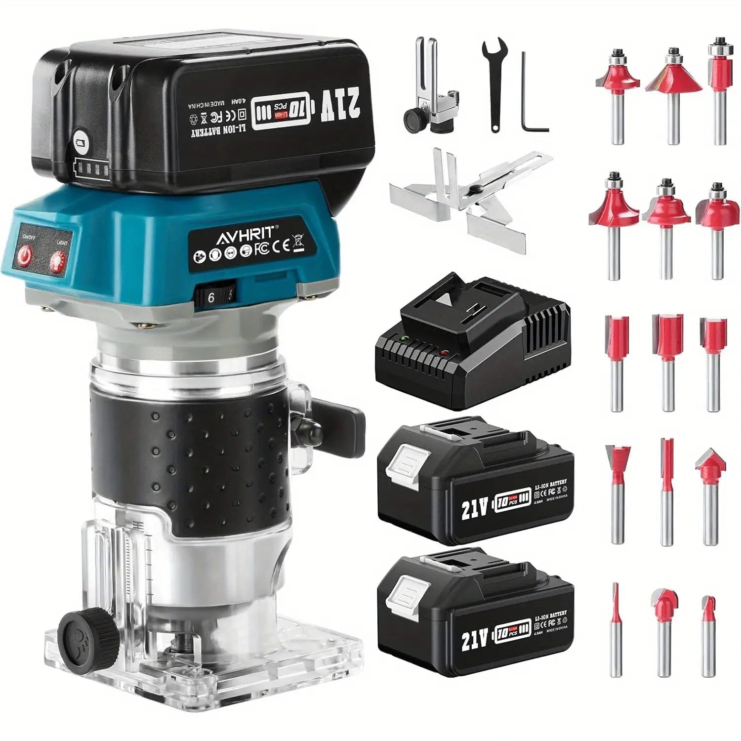 Batterie-Kanten-Schneider mit 2 Stück 4,0 Ah Batterien, Batterie-Routenplaner Brushless Tragbarer Hand-Schneider für Holzbearbeitung, Batterie-Holz-Trimmer mit 15 Stück 1/4 Zoll Cutter-Set