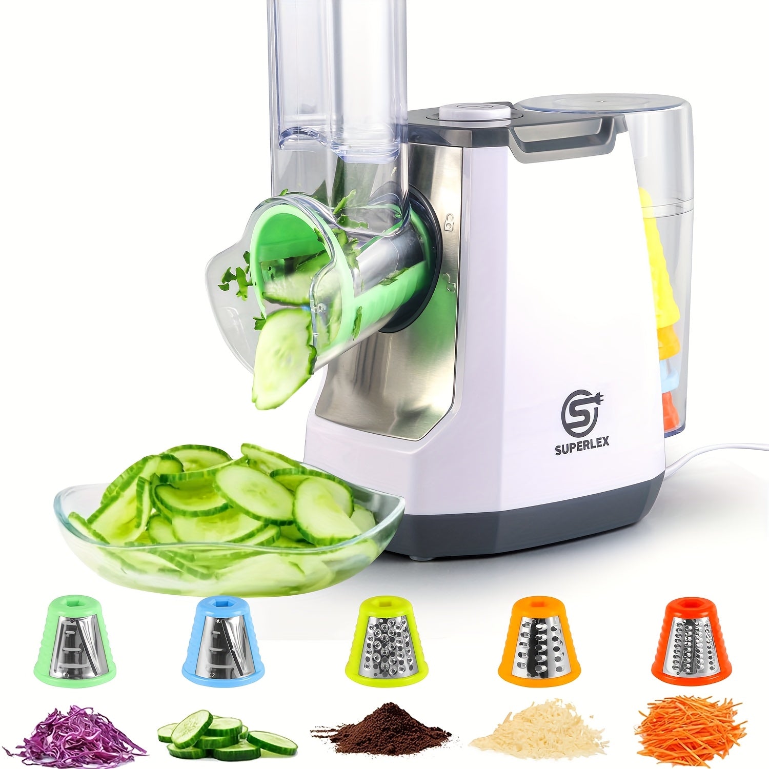 SUPERLEX 5-in-1 Electric Vegetable Cutter with 5 Interchangeable Drum Blades - Multi-Functional Slicer & Grater for Fruits, Vegetables, Nuts, Cheese, Garlic - A+++ Energy Efficient, 22000 RPM Motor, Compact Design, Vegetable Slicer, Kitchen Food Prep, Spa
