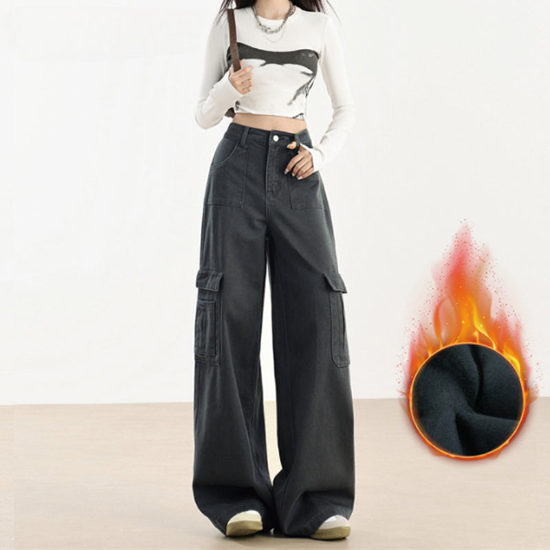 White American overalls women's velvet 2024 new vibe high-waisted autumn and winter small wide-leg pants
