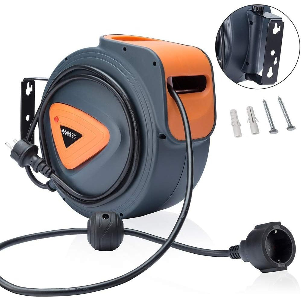 Automatic Cable Reel 20m + 1.5m 180° Rotatable Wall Mount Self-Retracting Automatic Cable Winders for Ceiling and Wall Mounting Workshop 220-240V Plug Powered European Standard Plug Plastic Material Without Battery 0 Gauge
