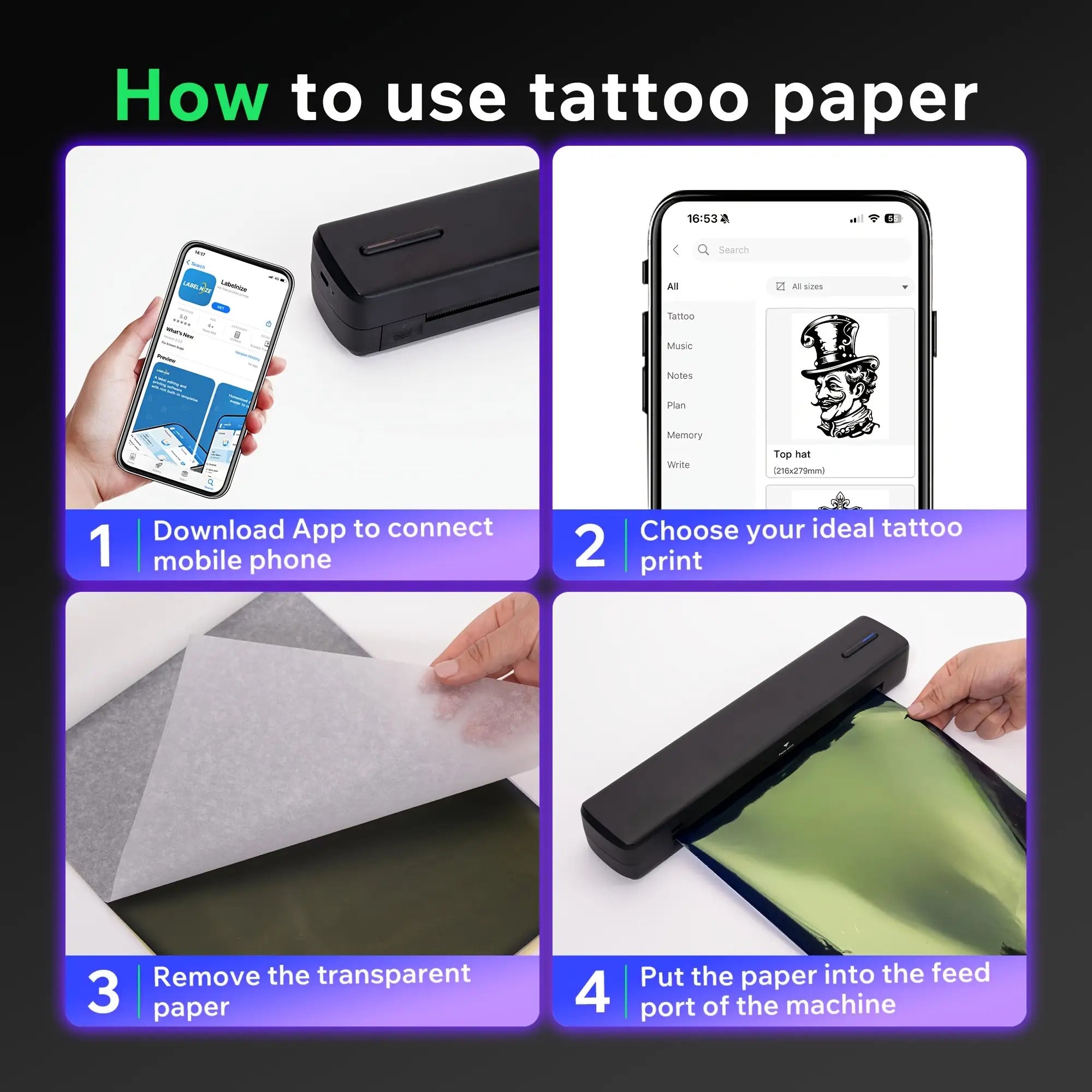 Tragbarer Tintenloser Drucker, Reise-Drahtloser Drucker, Thermischer Tattoo-Druckmaschine, Unterstützt A4 und US-Letter-Thermopapier, Kompatibel mit Smartphones und Laptops, Ideal für Business, Reisen, Büro & Zuhause