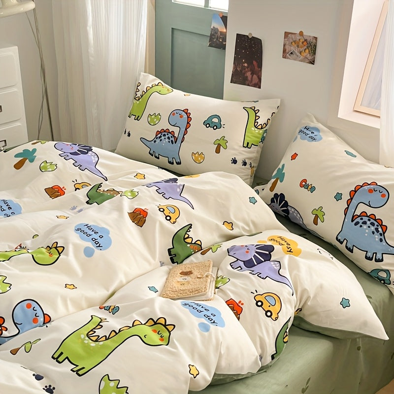 Vier Jahreszeiten Hautfreundlicher Druck Dinosaurier Park Fleece Set, 100% Baumwolle, Inklusive 1 Bettdecke + 2 Kissenbezüge + 1 Spannbettlaken, Weich und atmungsaktiv, Schweißableitend, Einfach aber elegant, Maschinenwaschbar