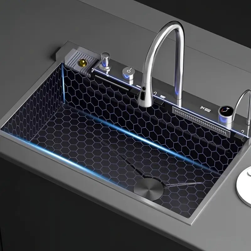 Digitale Wasserfall-Spüle Einzelbecken Küchenspüle Größe 75x45cm Schwarz Edelstahl Küchenspüle Multifunktionaler Digitaldisplay Abziehbarer Sprüherarmatur Intelligente Moderne Küchenspüle mit Komplettem Zubehör Rechts Abfluss Langlebig für Küche und Resta