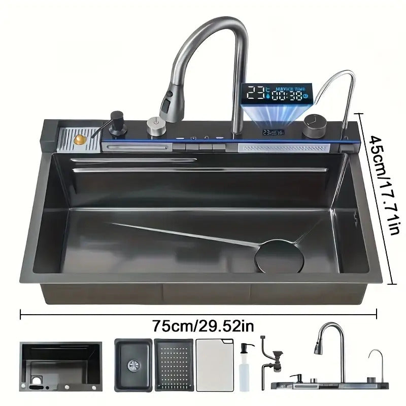 Digitale Wasserfall-Spüle Einzelbecken Küchenspüle Größe 75x45cm Schwarz Edelstahl Küchenspüle Multifunktionaler Digitaldisplay Abziehbarer Sprüherarmatur Intelligente Moderne Küchenspüle mit Komplettem Zubehör Rechts Abfluss Langlebig für Küche und Resta