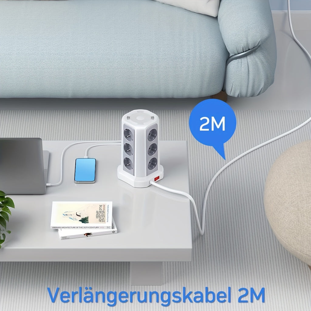 12-Fach Steckdosenleiste (4000W/16A) mit USB-C PD 20W, Turmsteckdose, Spannungsschutz, 4 USB-Anschlüssen und 2m Verlängerungskabel – Mehrfachsteckdose für Zuhause & Gewerbe