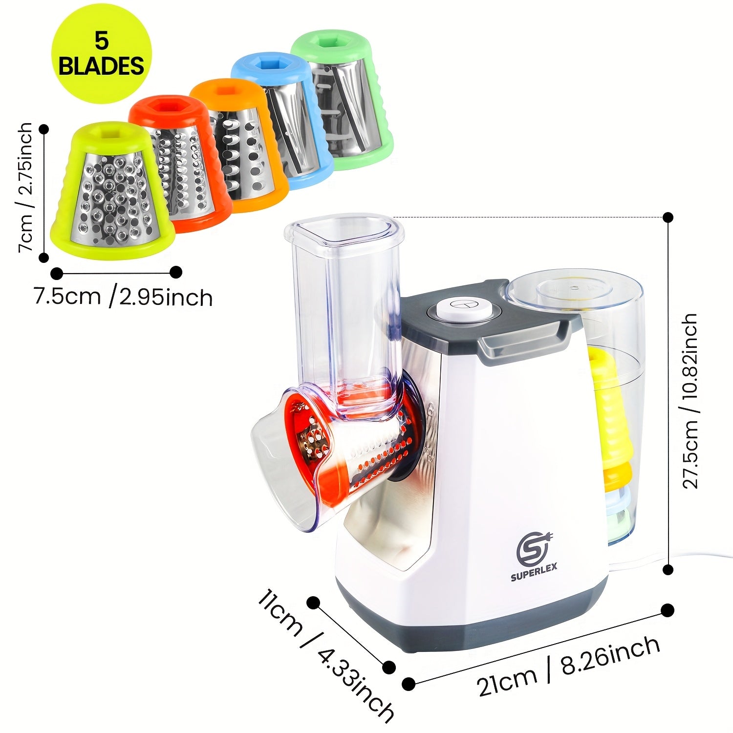 SUPERLEX 5-in-1 Electric Vegetable Cutter with 5 Interchangeable Drum Blades - Multi-Functional Slicer & Grater for Fruits, Vegetables, Nuts, Cheese, Garlic - A+++ Energy Efficient, 22000 RPM Motor, Compact Design, Vegetable Slicer, Kitchen Food Prep, Spa