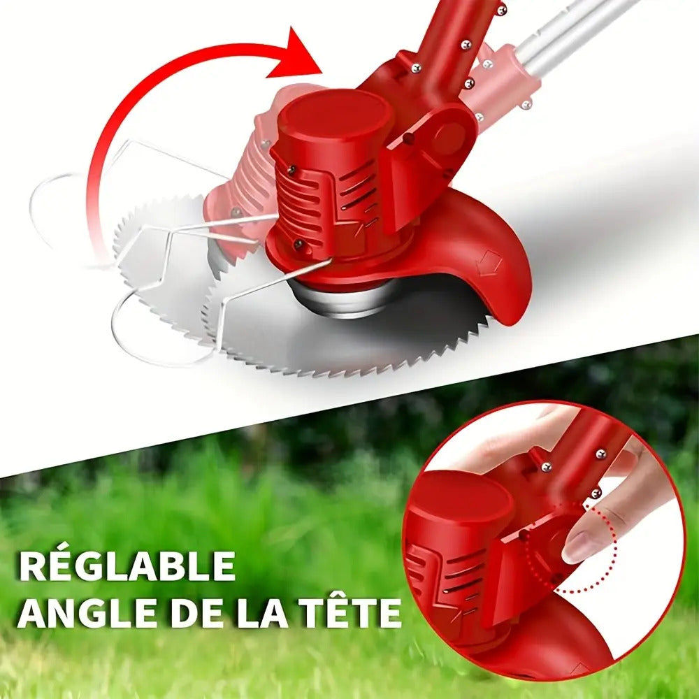 21V Akku-Elektro-Trimmer mit Akku und Messern, Teleskopfaltbare 90° Drehkopf, Batteriebetrieben, für Garten, Rasen und Ackerland