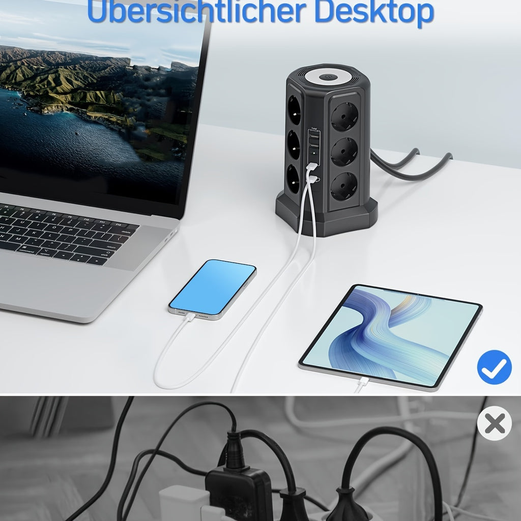 12-Fach Steckdosenleiste (4000W/16A) mit USB-C PD 20W, Turmsteckdose, Spannungsschutz, 4 USB-Anschlüssen und 2m Verlängerungskabel – Mehrfachsteckdose für Zuhause & Gewerbe