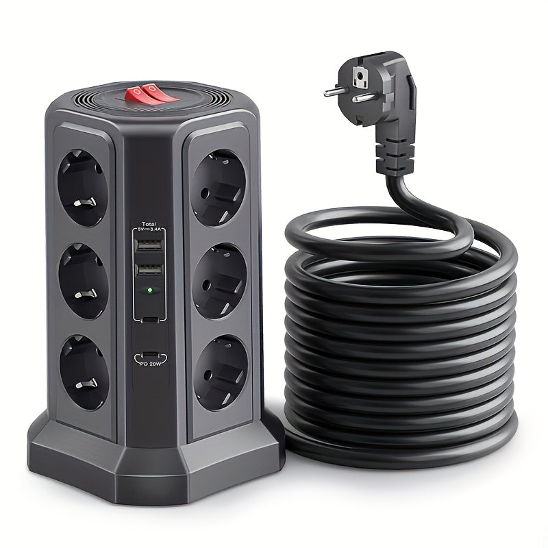 12-slot Multi-socket (4000W/16A) with USB C PD 20W, Tower Power Socket, Voltage Protection with 4 USB Switches, 2m Extension Cable, Home Multi-socket for Business for Factory
