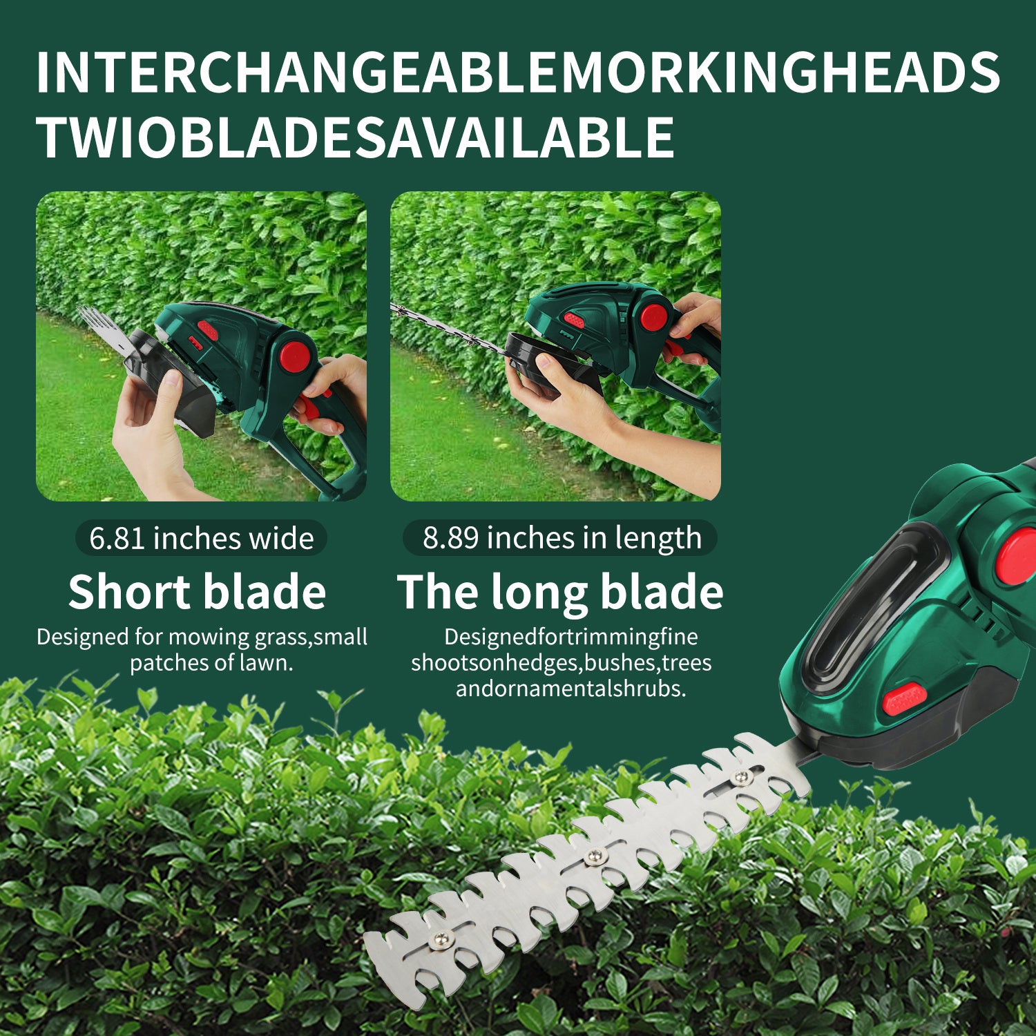 1 Set 24V Elektrischer Heckenmesser mit Akku, Haushalts 2-in-1 Gras- und Strauchschneider, 90° verstellbar, kabelloser wiederaufladbarer Strauchschneider, Unkraut- und Gartenschnitt für Rasen und Garten