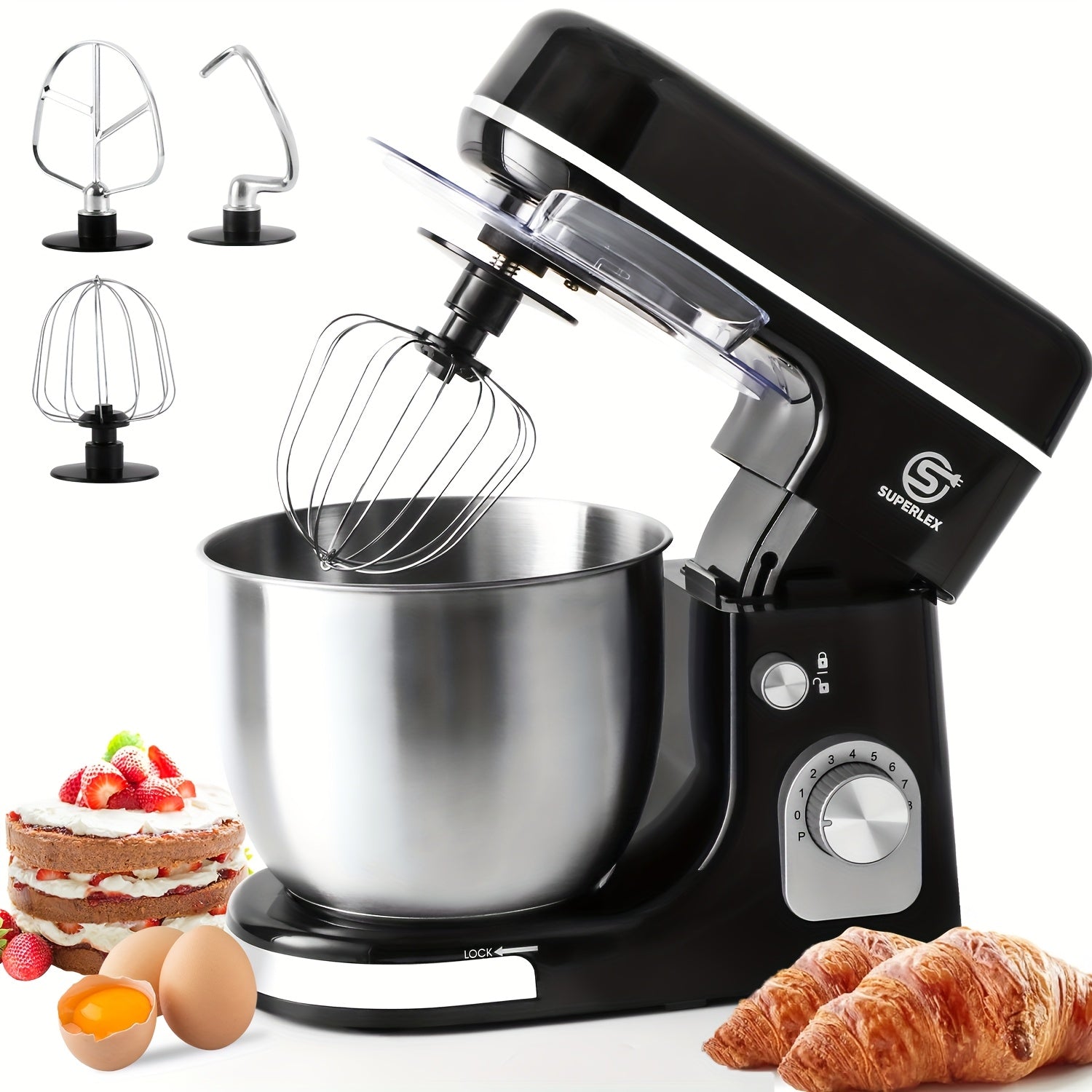 SUPERLEX 3-in-1 Standmixer 5L mit 8 Geschwindigkeiten, Küchenmaschine mit Pulsfunktion, Teighaken, Schneebesen und Rührbesen für Kuchen und Brot, 1300W [Energieklasse A+++