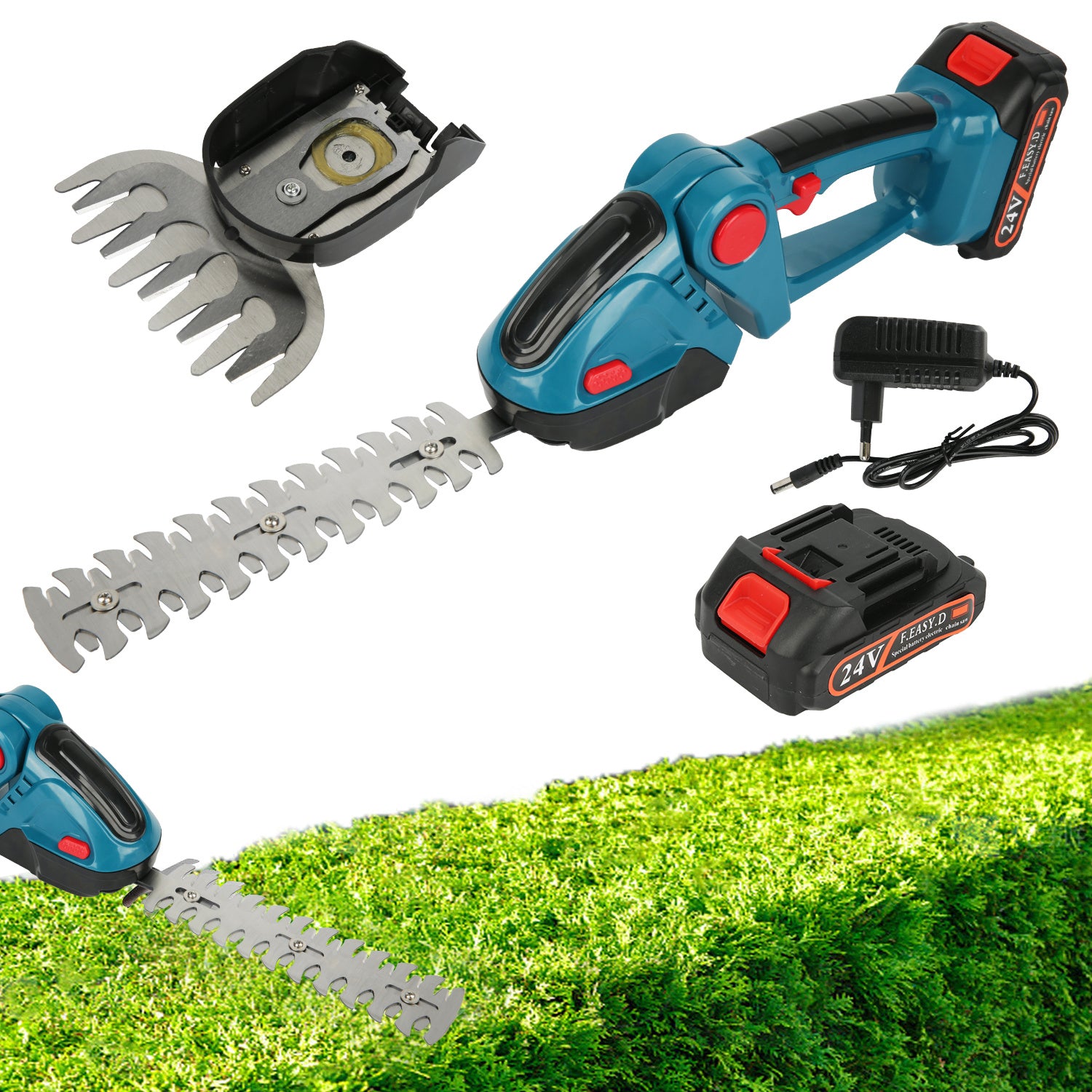 1 Set 24V Elektrischer Heckenmesser mit Akku, Haushalts 2-in-1 Gras- und Strauchschneider, 90° verstellbar, kabelloser wiederaufladbarer Strauchschneider, Unkraut- und Gartenschnitt für Rasen und Garten