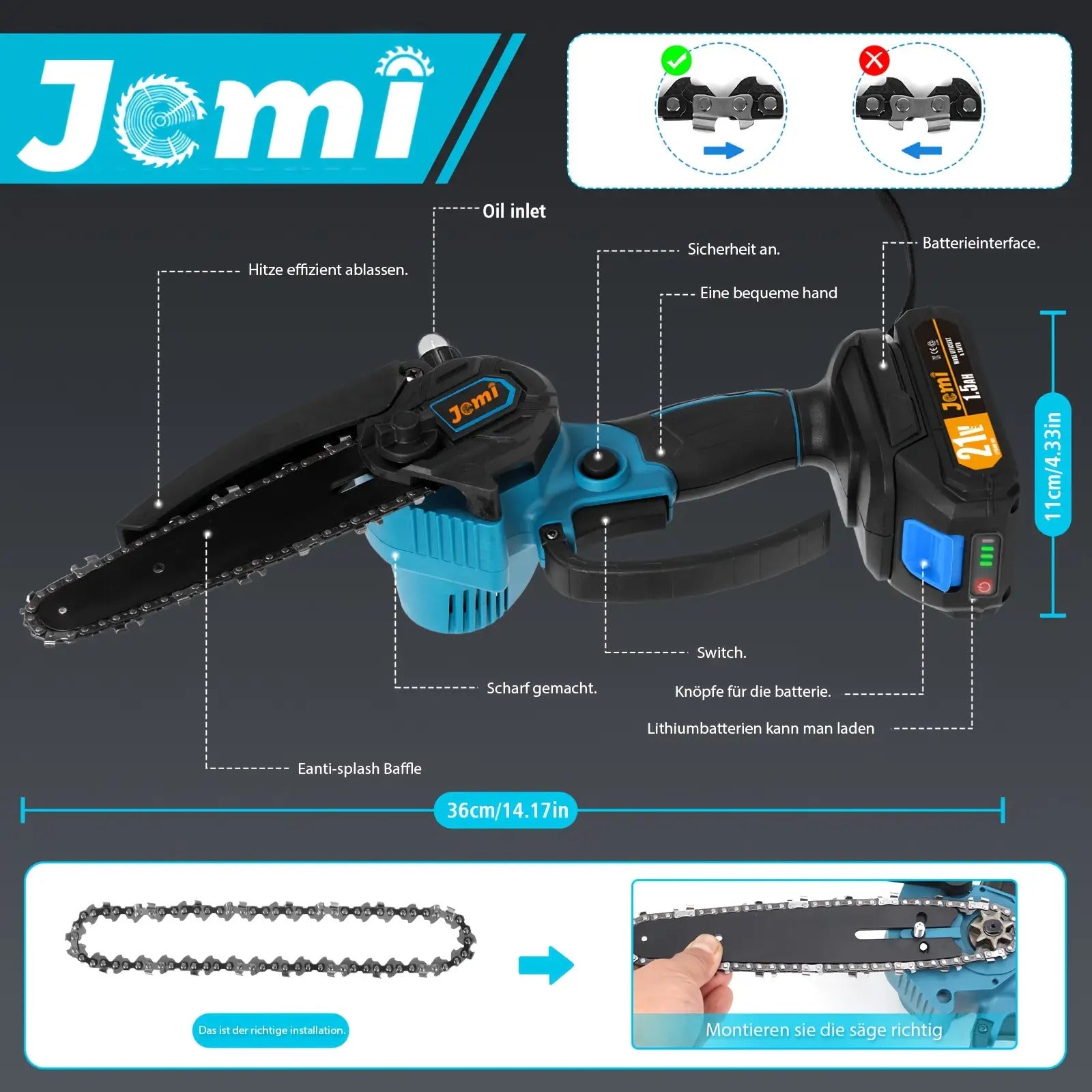 Jemi Tool 6-Zoll-Mini-Kettensäge mit automatischer Schmiersystem, 1/2 * 1.5Ah Akku, mit 1/2 Kette für Holzbearbeitung, Zweigschneiden, Gartenpflege