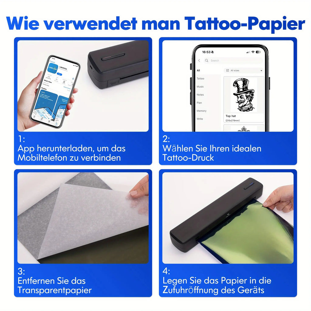 Tragbarer Tintenloser Drucker, Reise-Drahtloser Drucker, Thermischer Tattoo-Druckmaschine, Unterstützt A4 und US-Letter-Thermopapier, Kompatibel mit Smartphones und Laptops, Ideal für Business, Reisen, Büro & Zuhause