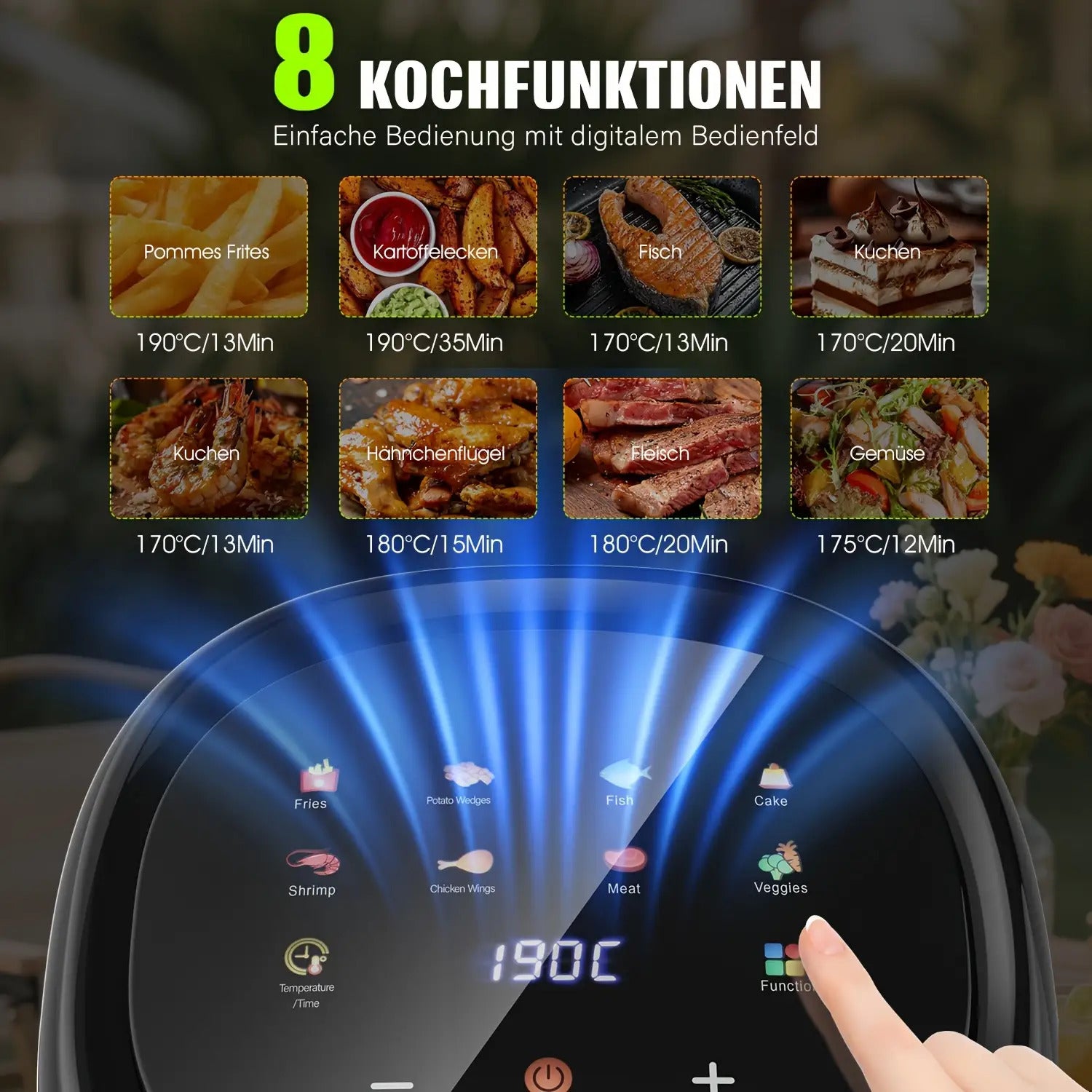 5L Großvolumige Heißluftfritteuse, Glas-Korb-Design, 1800W, 8 Touch-Voreinstellungen, Leicht zu Reinigen, Gesundes und Ölfreies Braten, Geeignet für Familientreffen & Küchengebrauch