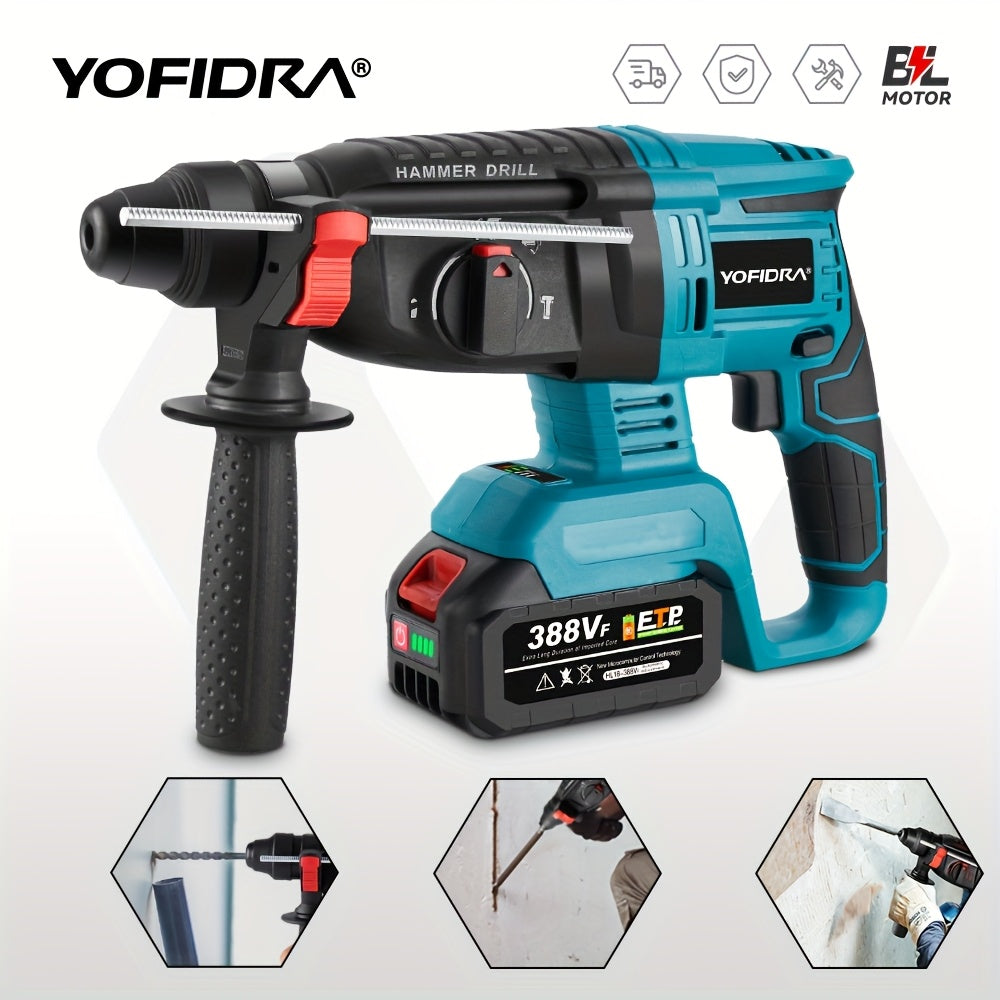 Brushless Elektro-Hammerbohrer, 26mm mit Bohrer, 4-Gang Akku-Schlagbohrmaschine für Beton, Stahl und Holz, kompatibel mit YOFIDRA-Akku