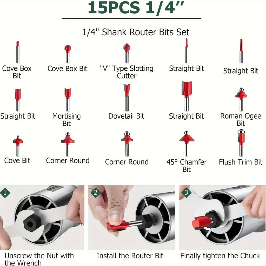 30000RPM 800W Wood Router Machine for Carving, Milling, Trimming, Slotting, 1/4 Inch Chuck+Precise Depth Adjustment Woodworking Electric Trimmer Carpenter Power Tool Router Bit 15pcs Set Suitable for DIY