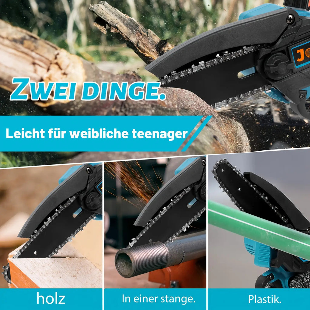 Jemi Tool 6-Zoll-Mini-Kettensäge mit automatischer Schmiersystem, 1/2 * 1.5Ah Akku, mit 1/2 Kette für Holzbearbeitung, Zweigschneiden, Gartenpflege