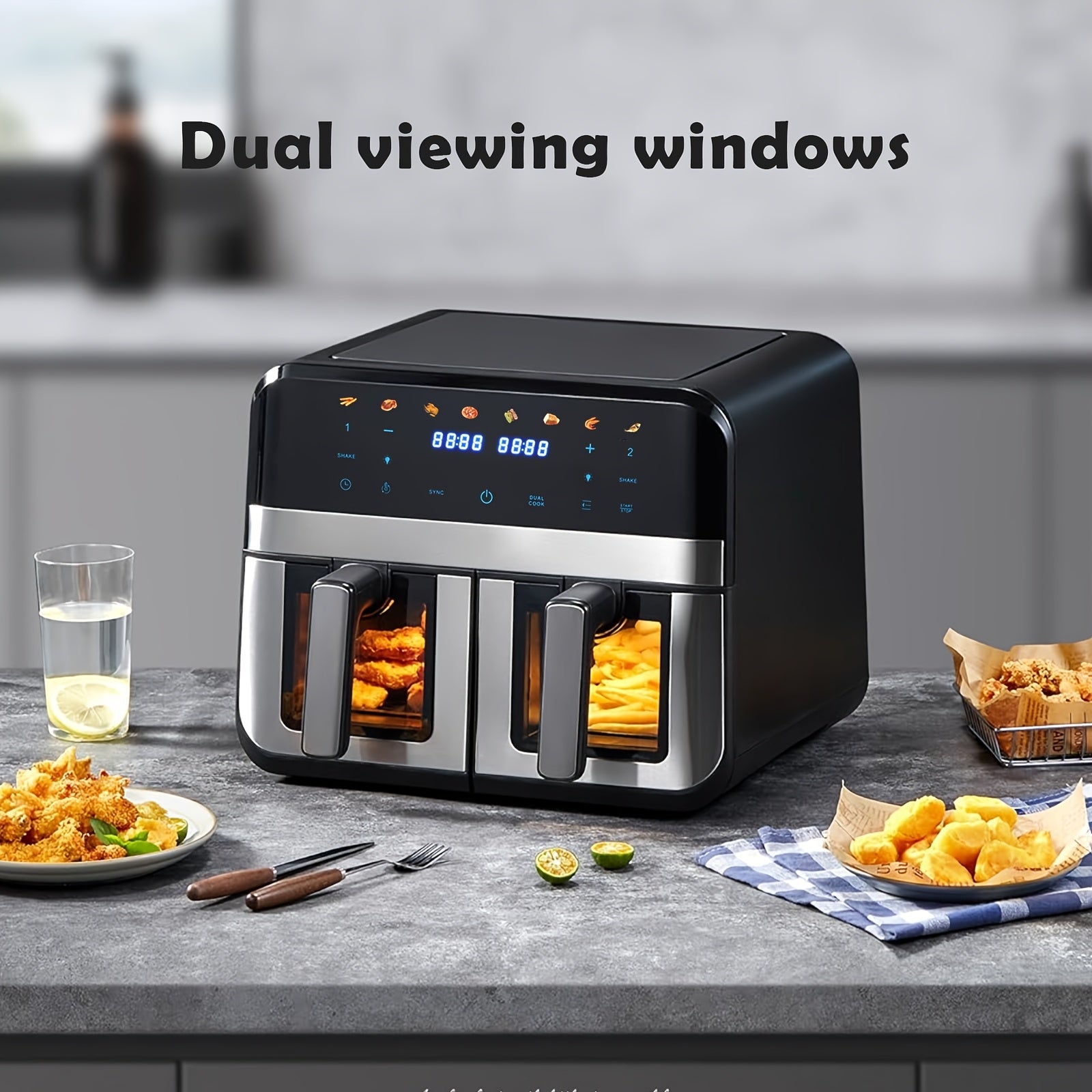 9L Doppel-Luftfritteuse mit Sichtfenster, 8 Kochvorsätze, Touchscreen, LED-Display, Digitale Zonenluftfritteuse mit Kochbuch, Timer & Temperaturkontrolle, Antihaftbeschichtet