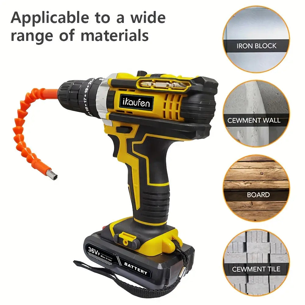 3-in-1 Schwarzer Impact-Bohrer mit 36V wiederaufladbarem Akku, Kapazität 2,0Ah und 2,0Ah/1,0Ah Kombipack - ergonomische Handhabung, LED-Licht, 12+ Zubehör für Heimwerker, Bau, DIY-Projekte, Baugeräte, schlanker Werkzeugdesign, langlebige Konstruktion