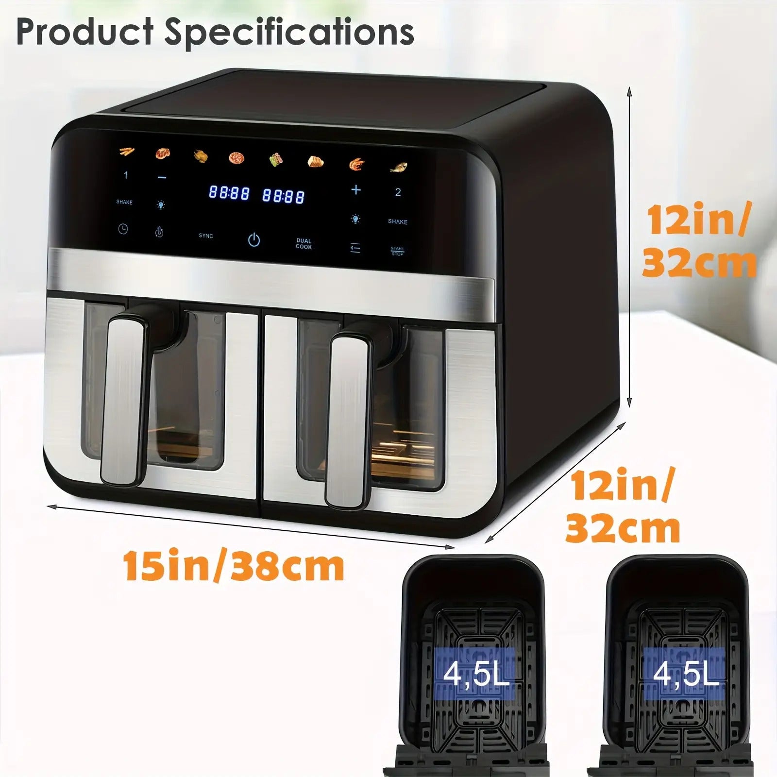 9L Doppel-Luftfritteuse mit Sichtfenster, 8 Kochvorsätze, Touchscreen, LED-Display, Digitale Zonenluftfritteuse mit Kochbuch, Timer & Temperaturkontrolle, Antihaftbeschichtet