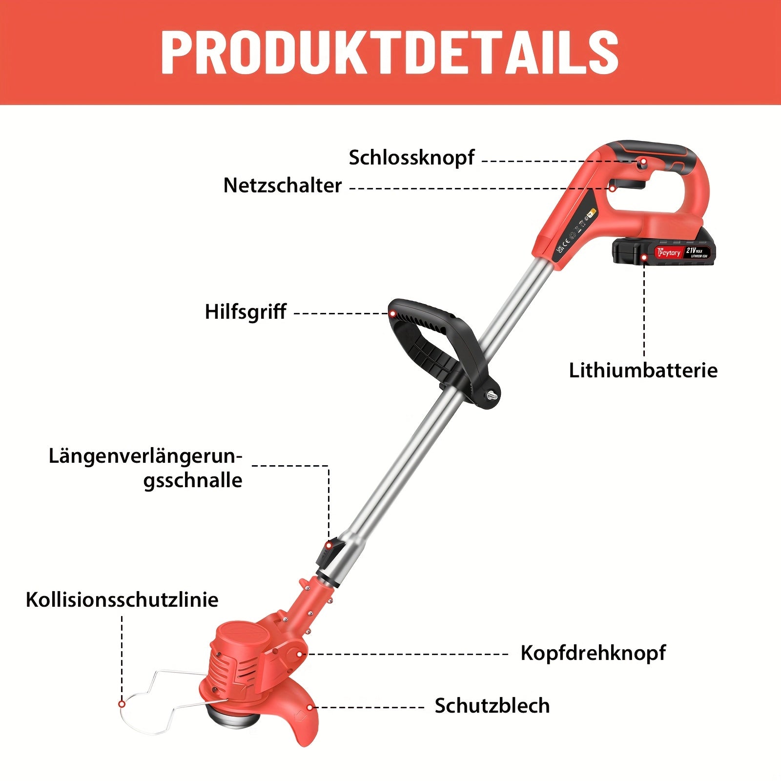 21V Akku-Elektro-Trimmer mit Akku und Messern, Teleskopfaltbare 90° Drehkopf, Batteriebetrieben, für Garten, Rasen und Ackerland