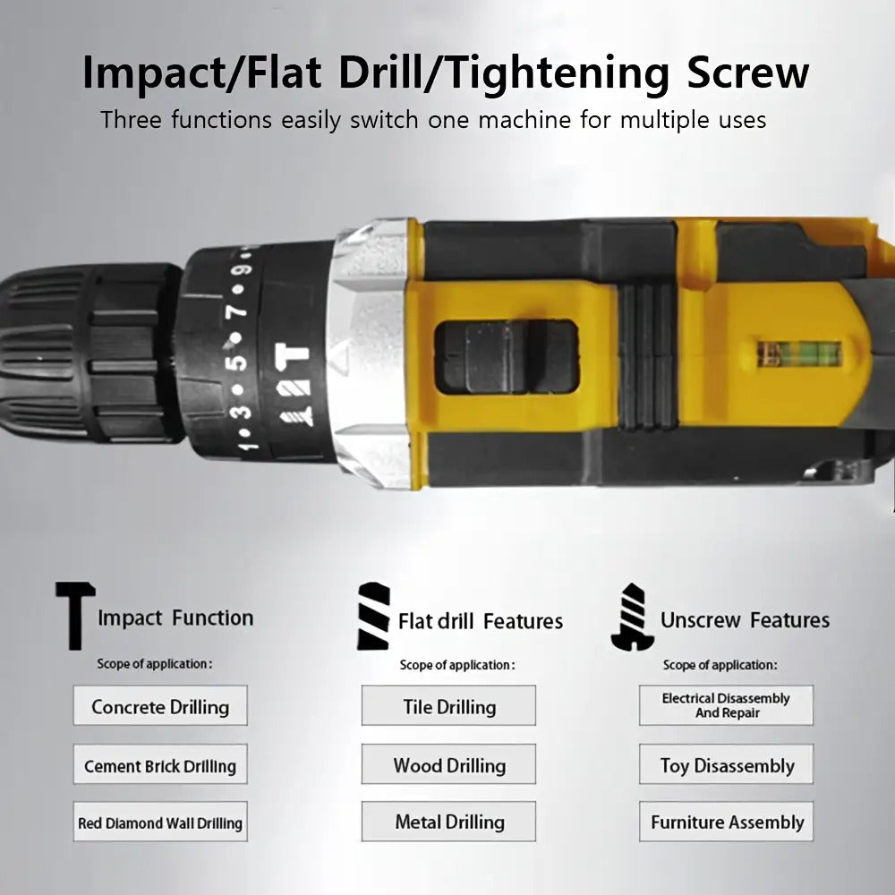 3-in-1 Schwarzer Impact-Bohrer mit 36V wiederaufladbarem Akku, Kapazität 2,0Ah und 2,0Ah/1,0Ah Kombipack - ergonomische Handhabung, LED-Licht, 12+ Zubehör für Heimwerker, Bau, DIY-Projekte, Baugeräte, schlanker Werkzeugdesign, langlebige Konstruktion