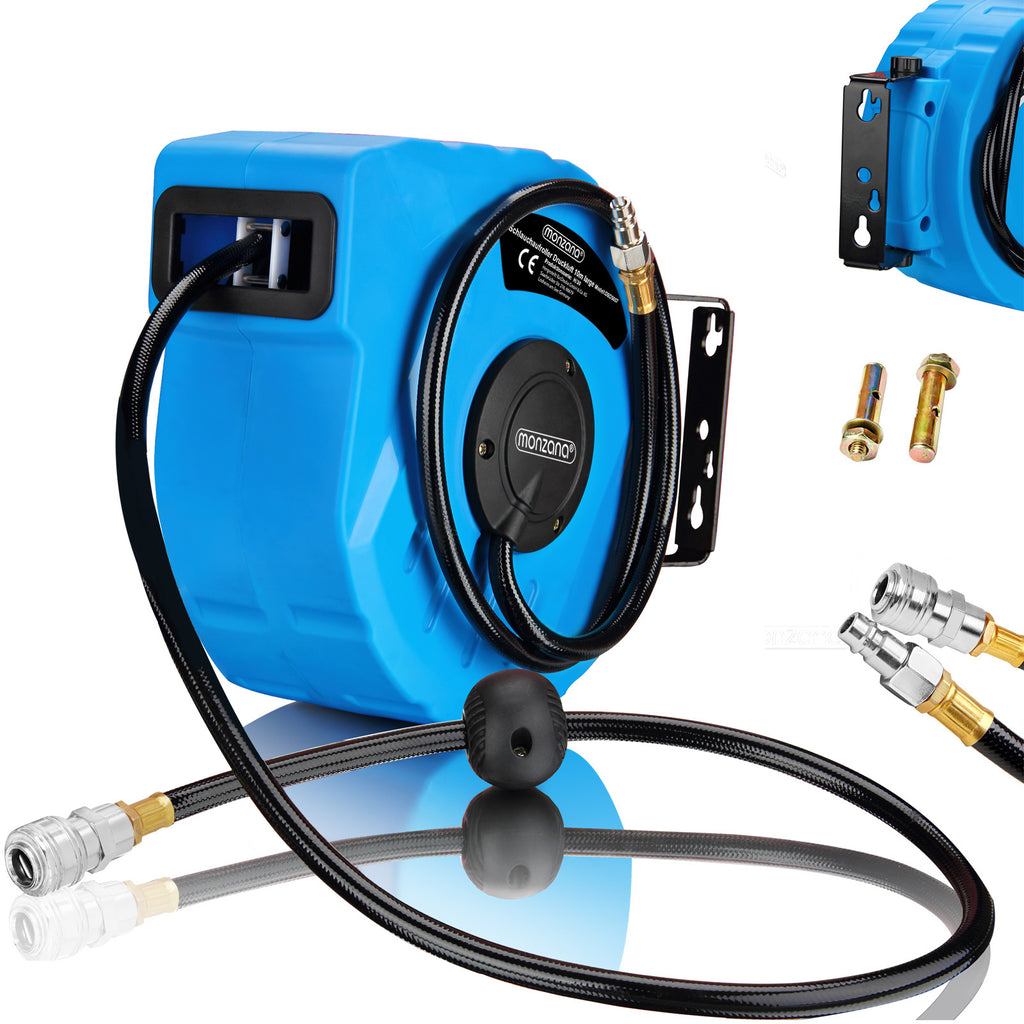 MONZANA® Compressed Air Hose Reel 10M+1M Automatic Rewind 3/8 Inch Connection 12 Bar Ö12Mm Automatic Hose Reel Compressed Air Hose Wall Bracket