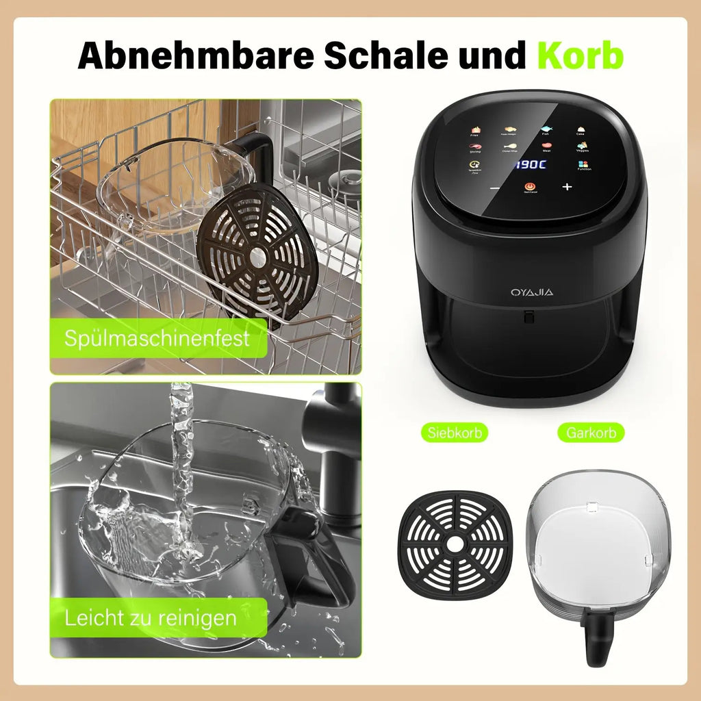 5L Großvolumige Heißluftfritteuse, Glas-Korb-Design, 1800W, 8 Touch-Voreinstellungen, Leicht zu Reinigen, Gesundes und Ölfreies Braten, Geeignet für Familientreffen & Küchengebrauch