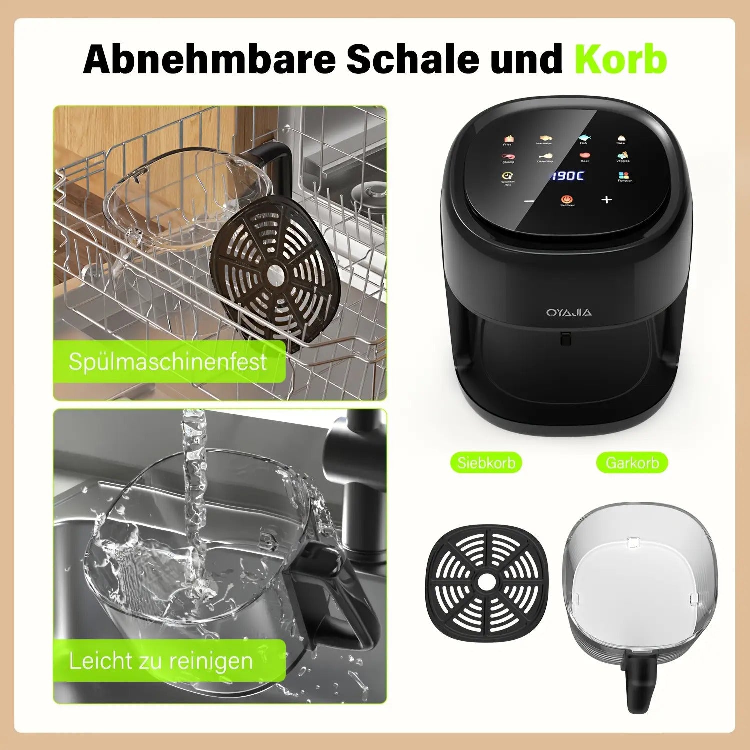 5L Großvolumige Heißluftfritteuse, Glas-Korb-Design, 1800W, 8 Touch-Voreinstellungen, Leicht zu Reinigen, Gesundes und Ölfreies Braten, Geeignet für Familientreffen & Küchengebrauch