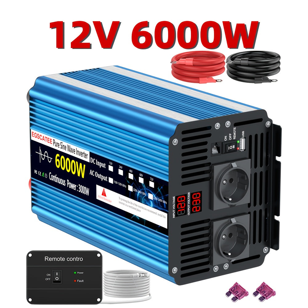FLAMEZUM 3000W-6000W DC12V/24V zu 220V reiner Sinuswell-Wechselrichter mit LCD-Fernbedienung, EU-Steckdose und AC-Ausgang für Auto, Wohnmobil, Solarpanel - Kompaktes Design, keine Batterie erforderlich, Wechselrichter für Solarpanele, elektrische Upgrade