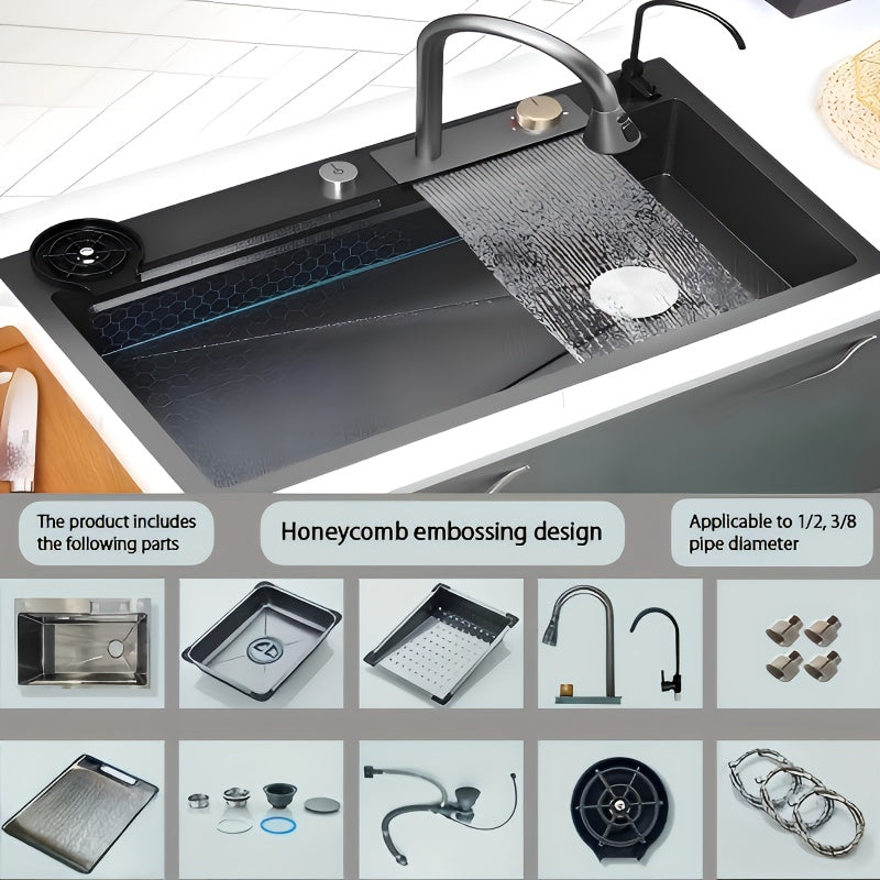 Digitale Wasserfall-Spüle Einzelbecken Küchenspüle Größe 75x45cm Schwarz Edelstahl Küchenspüle Multifunktionaler Digitaldisplay Abziehbarer Sprüherarmatur Intelligente Moderne Küchenspüle mit Komplettem Zubehör Rechts Abfluss Langlebig für Küche und Resta
