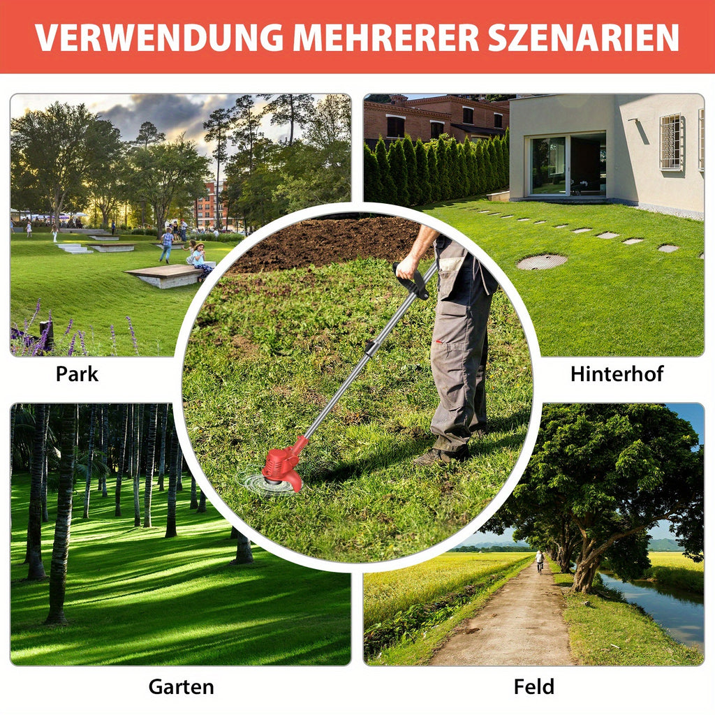 21V Akku-Elektro-Trimmer mit Akku und Messern, Teleskopfaltbare 90° Drehkopf, Batteriebetrieben, für Garten, Rasen und Ackerland
