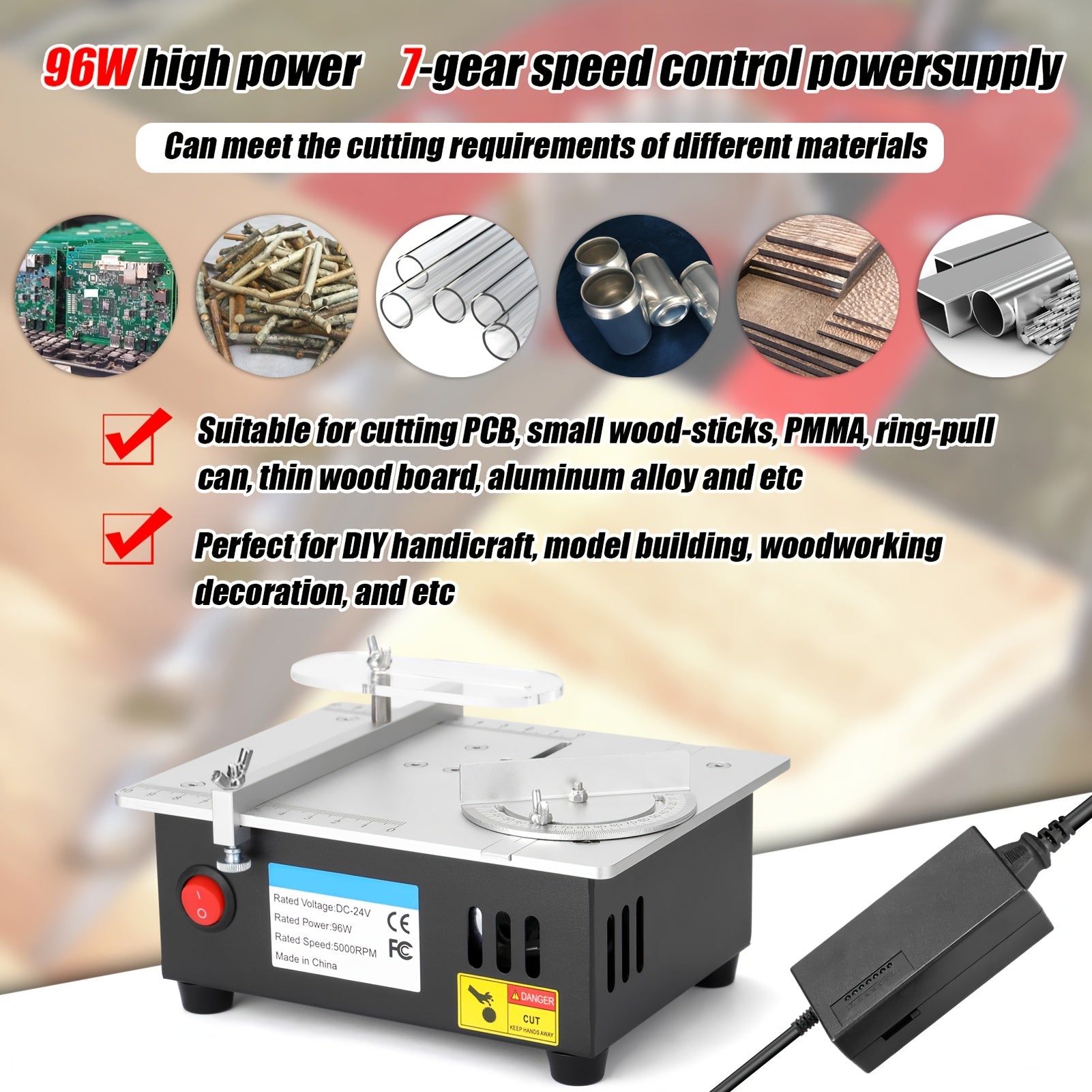 TOMSHOO Tragbarer Tischkreissäge 96W Kompakte Tischkreissäge 9000RPM Tischkreissäge Multifunktionale Tischkreissäge Elektrische Desktop-Sägen Kleine Haushalts-DIY-Sägenblatt Höhenverstellbarer Schneidwerkzeug Holzbearbeitungsmaschine