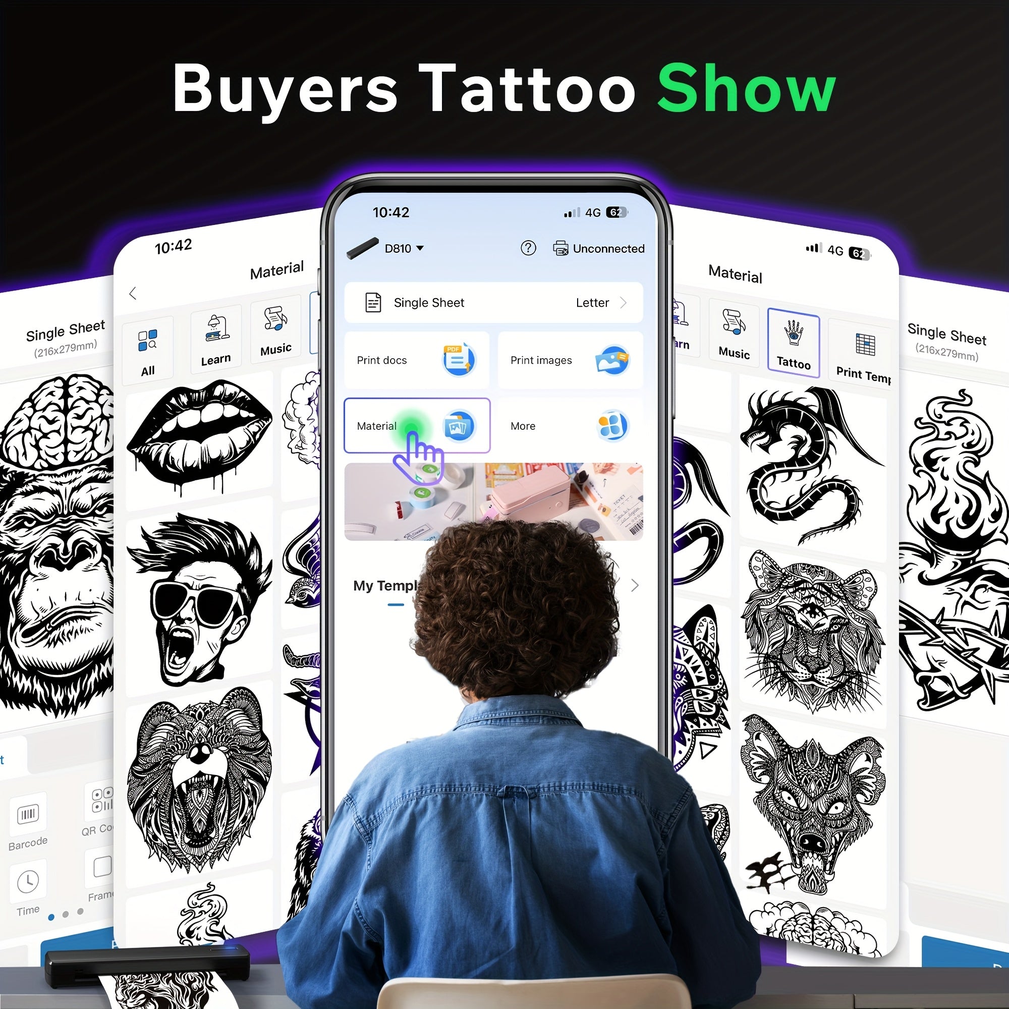 Tragbarer Tintenloser Drucker, Reise-Drahtloser Drucker, Thermischer Tattoo-Druckmaschine, Unterstützt A4 und US-Letter-Thermopapier, Kompatibel mit Smartphones und Laptops, Ideal für Business, Reisen, Büro & Zuhause
