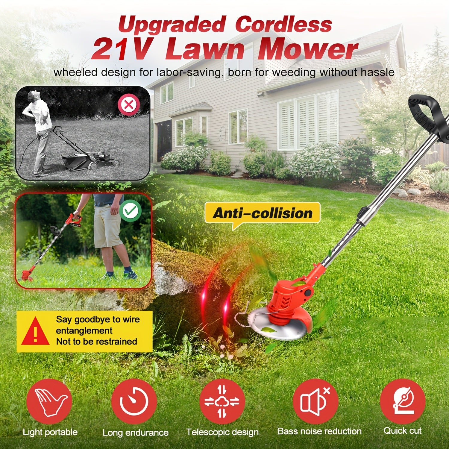 Kabelloser Unkrautstecher, 21V Elektrischer Unkrautfresser mit 2X 2.0Ah Akku, 3 Arten von Klingen, 3-in-1 Schnurlosem Rasenmäher/Kantenfräs/Bürstenmotorsäge für Rasen, Garten und Hofpflege