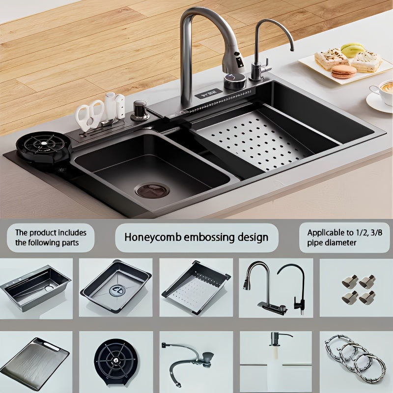 Digitale Wasserfall-Spüle Einzelbecken Küchenspüle Größe 75x45cm Schwarz Edelstahl Küchenspüle Multifunktionaler Digitaldisplay Abziehbarer Sprüherarmatur Intelligente Moderne Küchenspüle mit Komplettem Zubehör Rechts Abfluss Langlebig für Küche und Resta