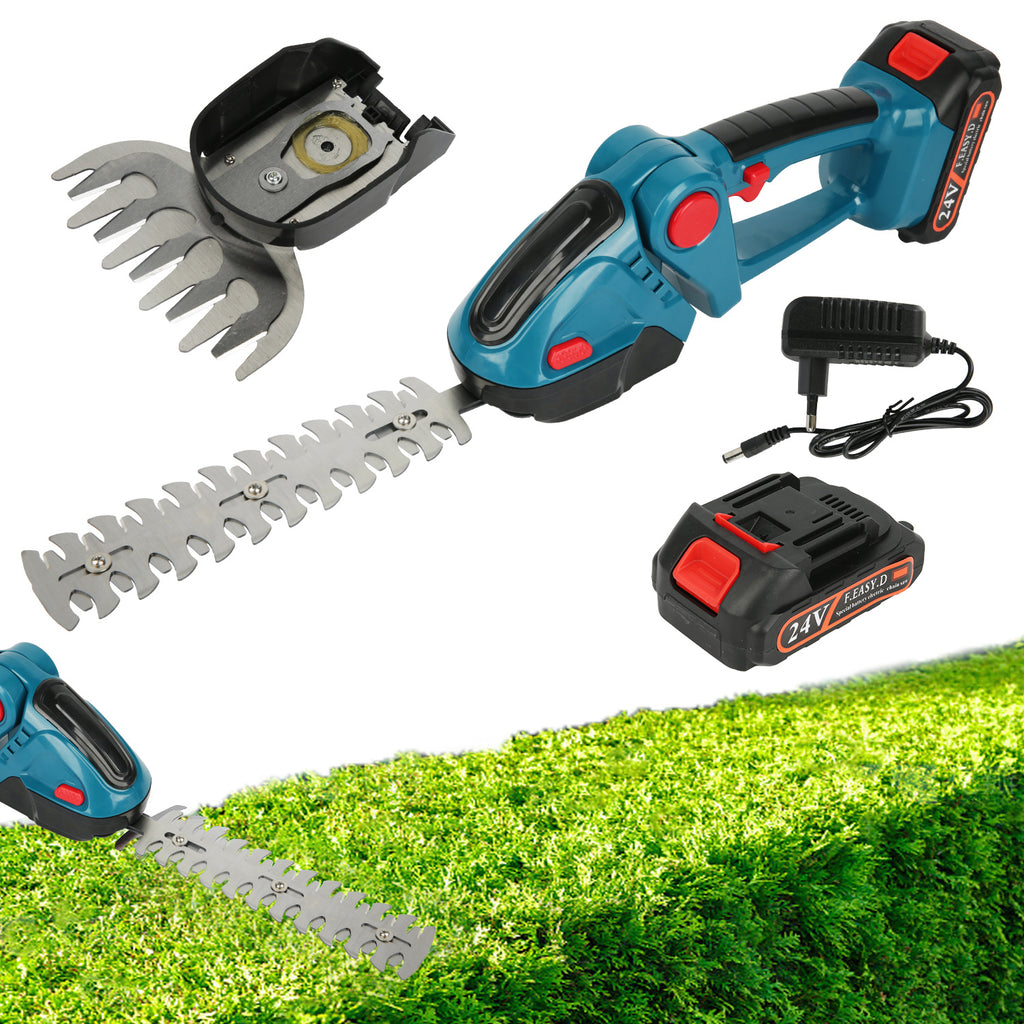1 Set 24V Electric Hedge Trimmer with Battery, Household 2-in-1 Grass and Shrub Trimmer, 90° Adjustable, Cordless Rechargeable Shrub Scissors, Weeding Pruning for Garden Lawn
