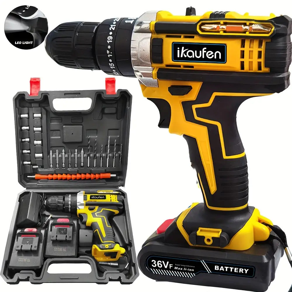 3-in-1 Schwarzer Impact-Bohrer mit 36V wiederaufladbarem Akku, Kapazität 2,0Ah und 2,0Ah/1,0Ah Kombipack - ergonomische Handhabung, LED-Licht, 12+ Zubehör für Heimwerker, Bau, DIY-Projekte, Baugeräte, schlanker Werkzeugdesign, langlebige Konstruktion