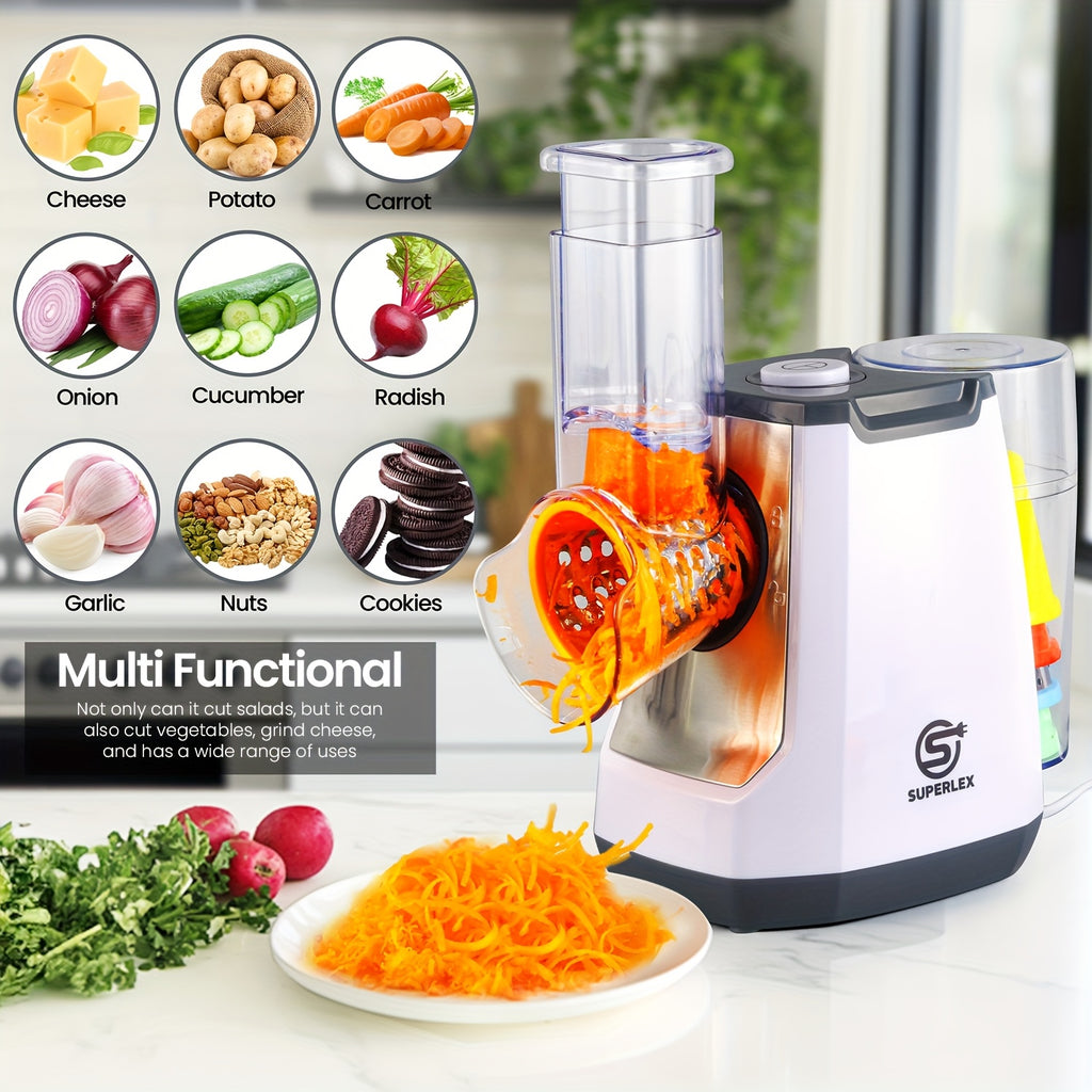 SUPERLEX 5-in-1 Electric Vegetable Cutter with 5 Interchangeable Drum Blades - Multi-Functional Slicer & Grater for Fruits, Vegetables, Nuts, Cheese, Garlic - A+++ Energy Efficient, 22000 RPM Motor, Compact Design, Vegetable Slicer, Kitchen Food Prep, Spa