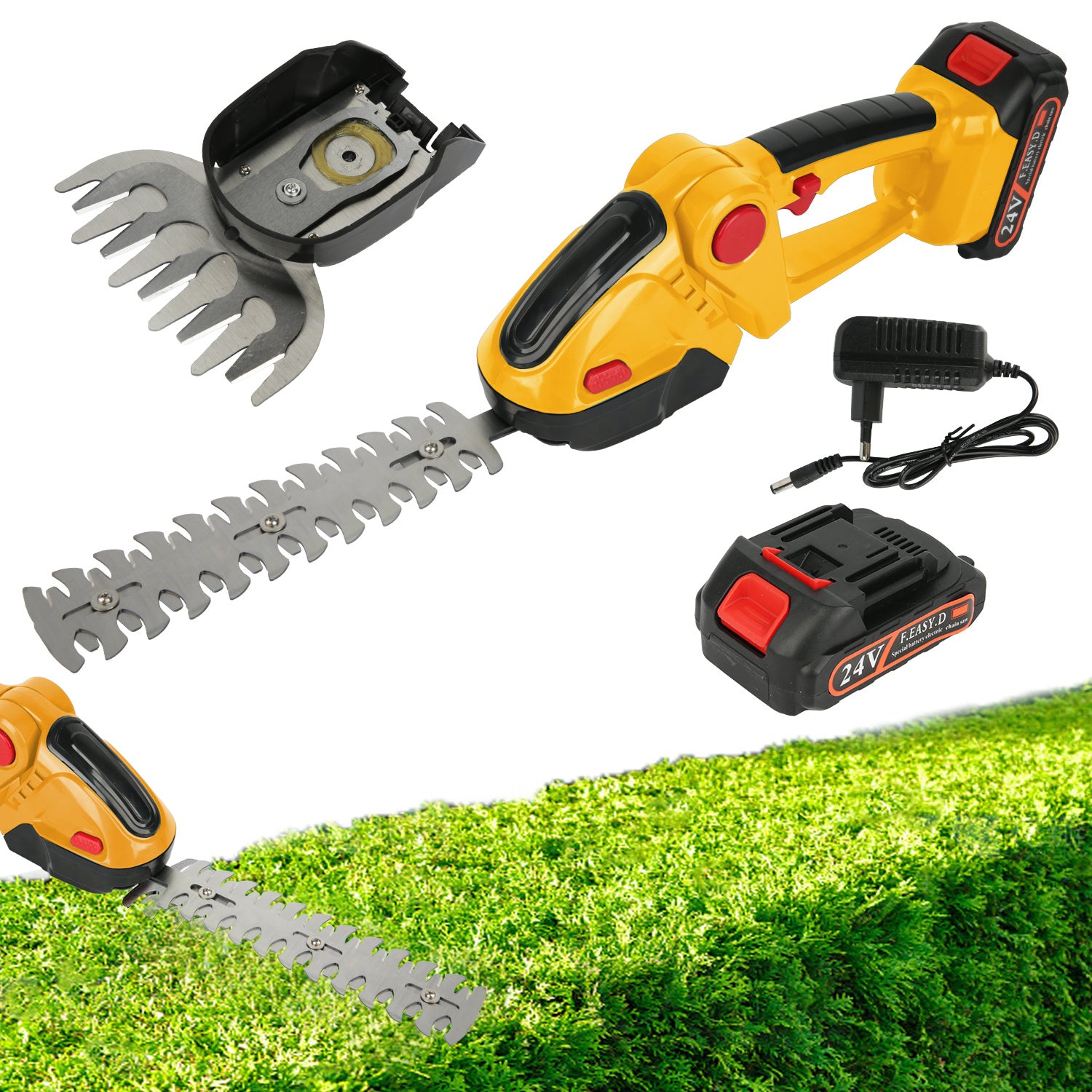 1 Set 24V Electric Hedge Trimmer with Battery, Household 2-in-1 Grass and Shrub Trimmer, 90° Adjustable, Cordless Rechargeable Shrub Scissors, Weeding Pruning for Garden Lawn