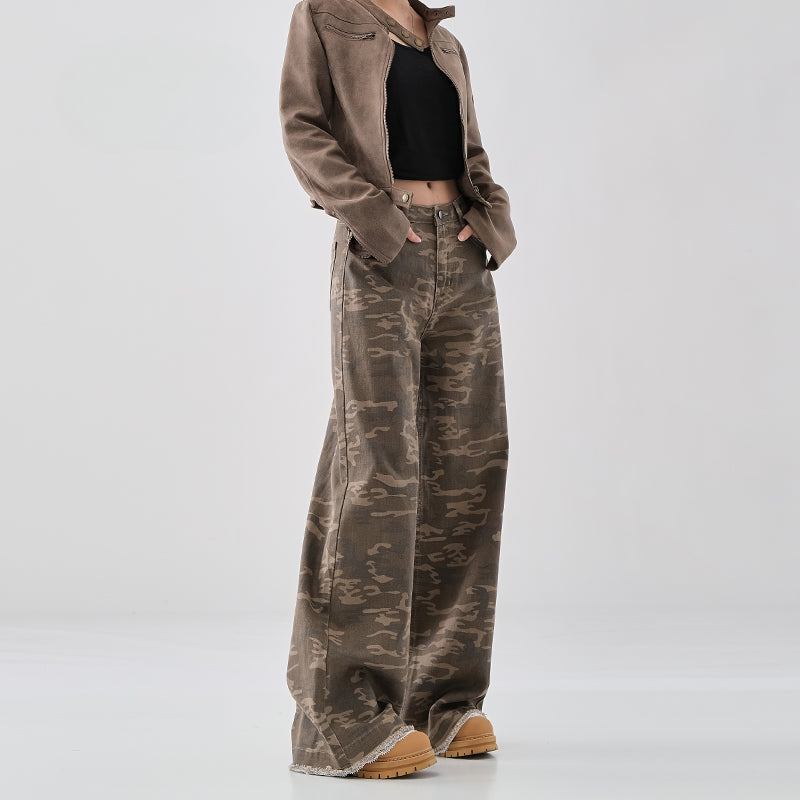 Camouflage high-waisted jeans women's 2024 autumn and winter new lace edge design sense niche loose wide-leg floor-mopping trousers