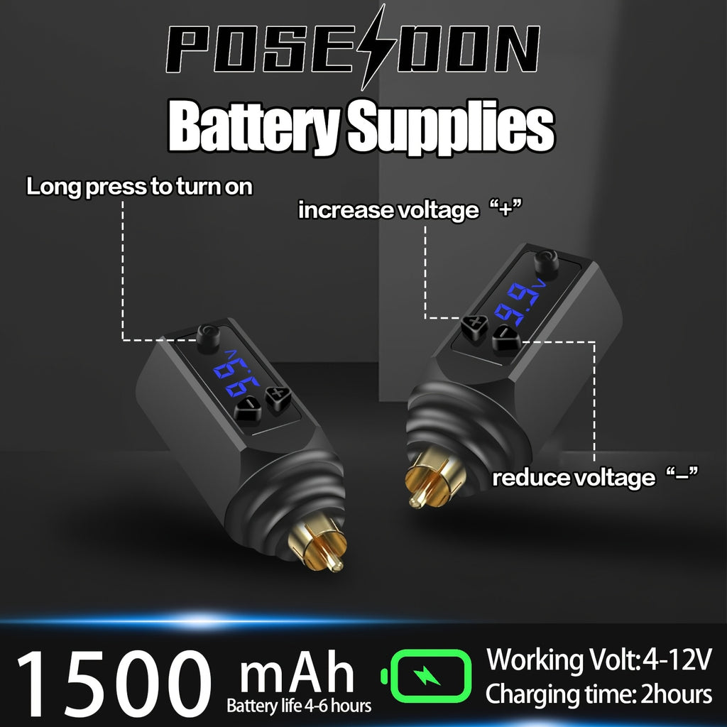 POSEIDON Tattoo-Maschinen-Set Komplettset mit 20 Tätowier-Nadeln, 1500mAh Akku, kabellose Tätowiermaschine inklusive 11 Tinten – Perfekt für Anfänger und professionelle Künstler