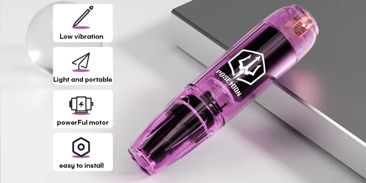 POSEIDON Tattoo-Maschinen-Set Komplettset mit 20 Tätowier-Nadeln, 1500mAh Akku, kabellose Tätowiermaschine inklusive 11 Tinten – Perfekt für Anfänger und professionelle Künstler