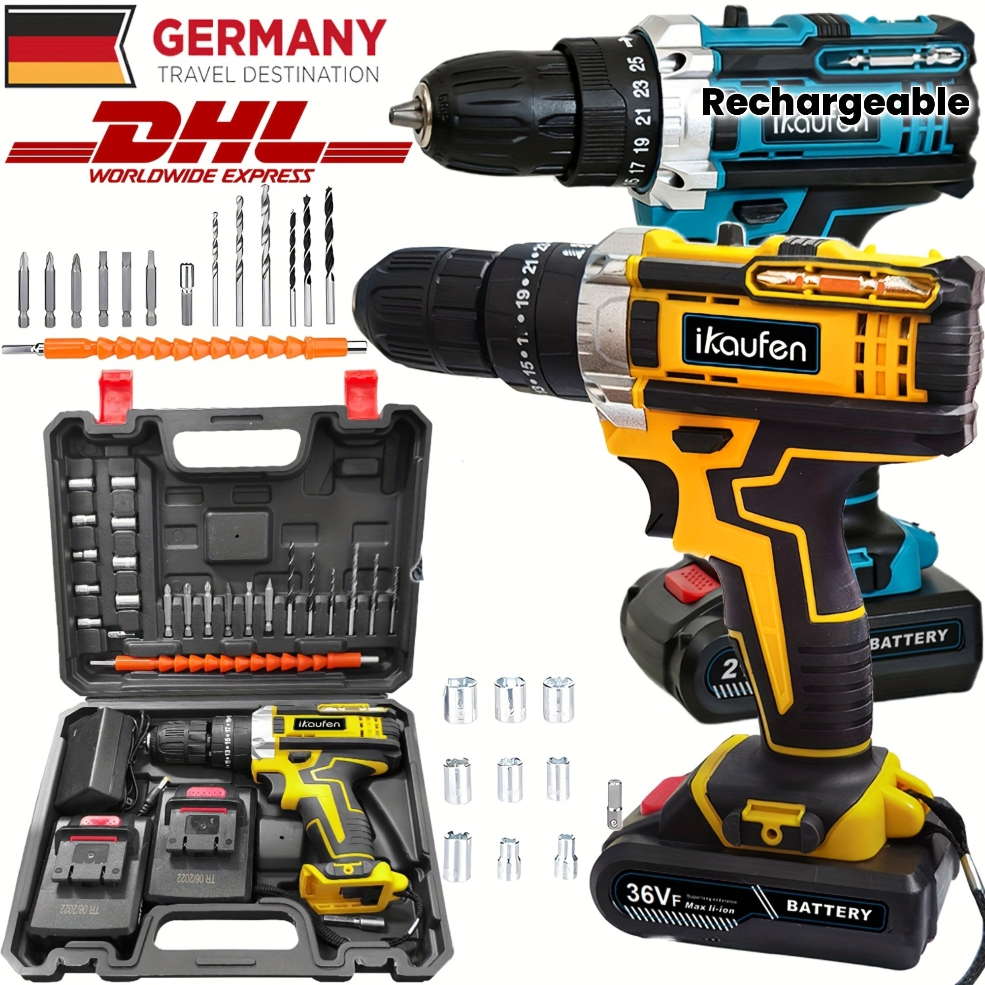 3-in-1 Black Impact Drill with 36V Rechargeable Battery, 2.0Ah Capacity & 2.0Ah/1.0Ah Combo Pack - Ergonomic Handle, LED Light, 12+ Accessories for Home Improvement, Construction, DIY Projects, Construction Equipment, Sleek Tool Design, Durable Constructi
